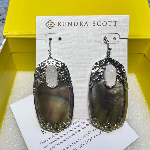 NWT Kendra Scott Deva Earrings Black Pearl Iridescent Drusy & Silver SUPER RARE - Picture 6 of 16